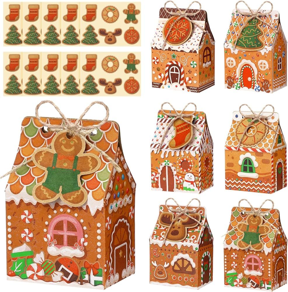 Blulu 60 Pcs Christmas Cookie Boxes with Tags Gingerbread House Gift Box with String Kraft Paper ... | Amazon (US)