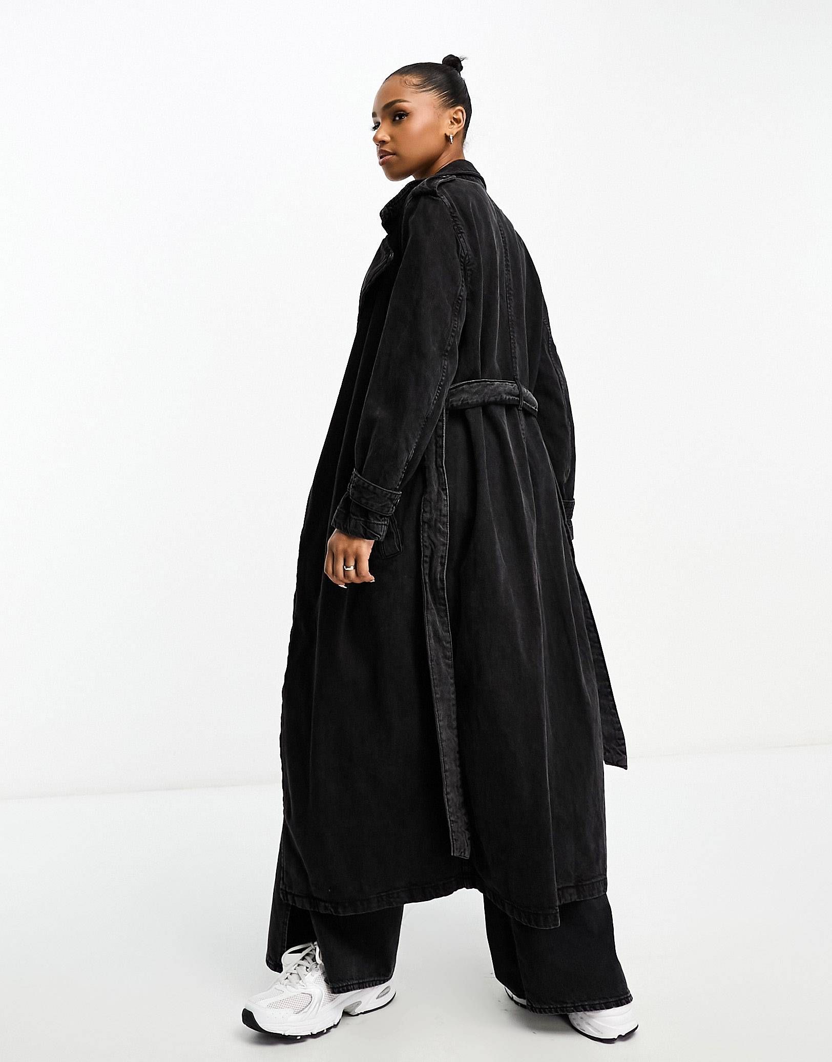 Bershka denim look trench coat in washed black | ASOS (Global)