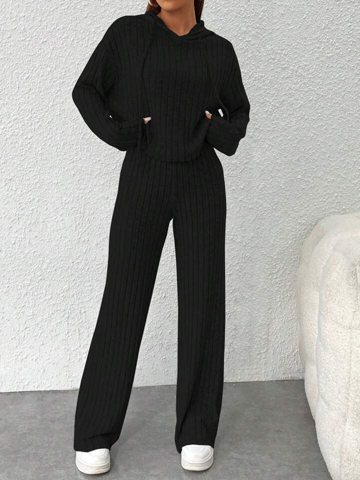 SHEIN PETITE Conjunto De Camiseta Y Pantalón Con Capucha Y Manga Larga Para Mujer Con Diseño Ac... | SHEIN