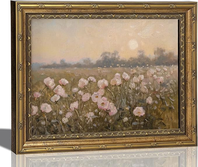 Gold Framed Pink Wildflower Landscape Canvas Wall Art Vintage Pink Spring Field Print Wall Decor ... | Amazon (US)