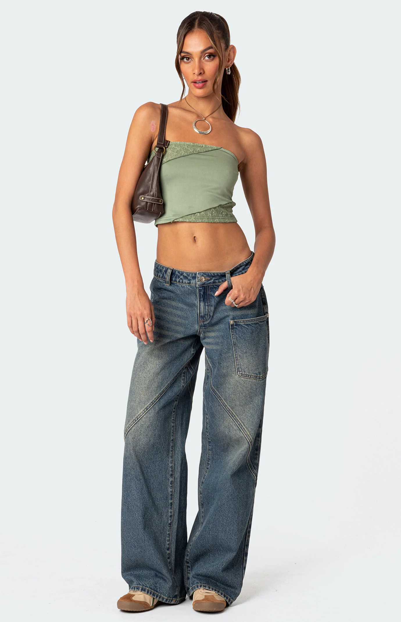 Edikted Women's Lace Patchwork Tube Top in Green - Size Small | PacSun
