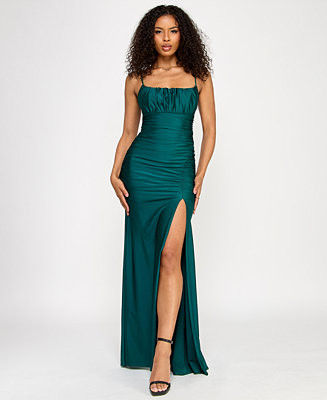 Juniors' Sleeveless Ruched Satin Gown with High Slit | Macy's