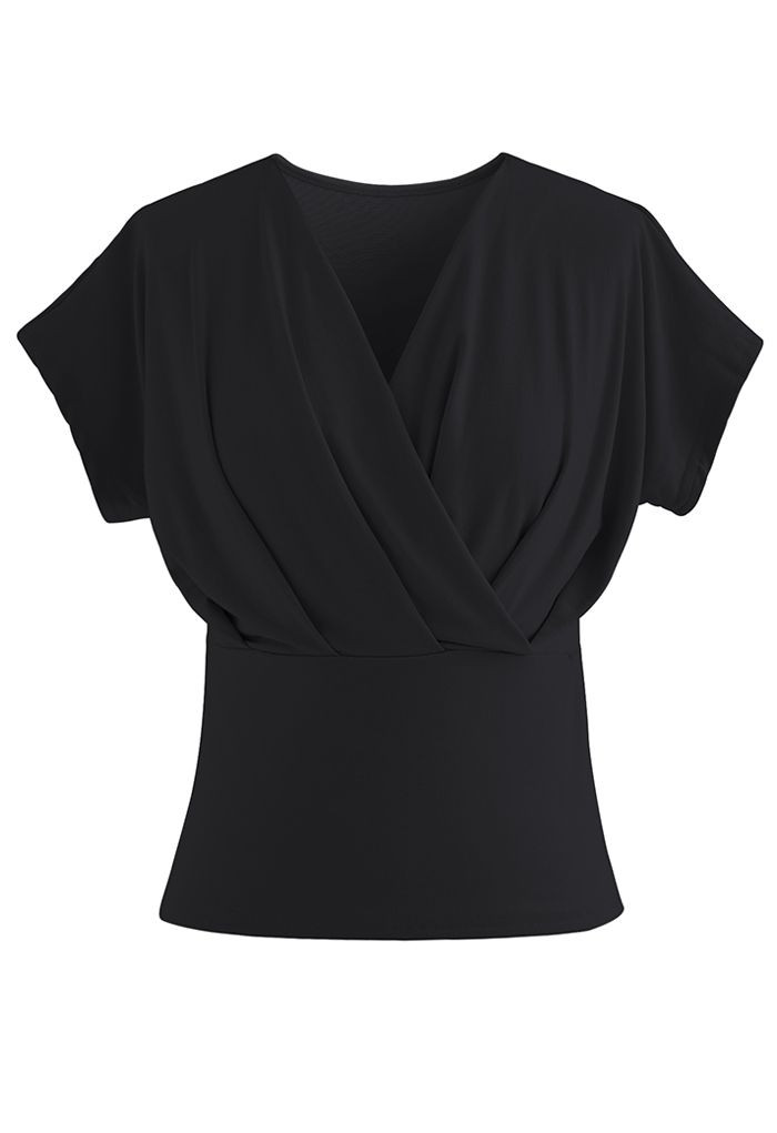 Ultra-Soft Short-Sleeve Cotton Wrap Top in Black | Chicwish