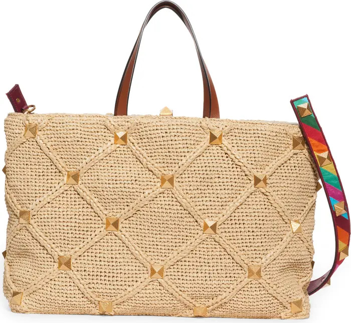Valentino Garavani Large Roman Stud Raffia Tote | Nordstrom | Nordstrom