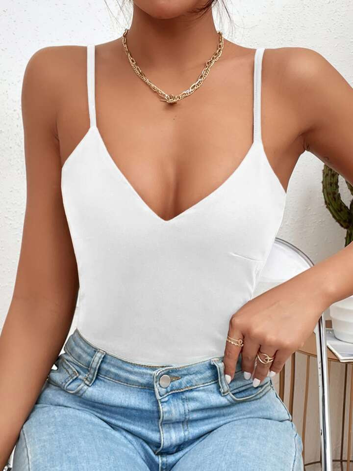 SHEIN Privé Solid Slim Fit Cami Bodysuit | SHEIN