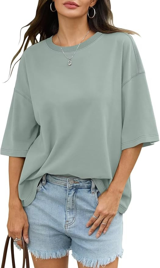 Womens Cotton Oversized T Shirts Drop Shoulder Half Sleeve Boxy Tops Crewneck Loose Fit Short Sle... | Amazon (US)