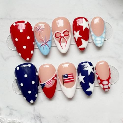 30Pcs 4th of July Press on Nails Short Almond French Tip Fake Nails Red White Blue Patriotic False Nails with Star Bow Polka Dot Designs Independence Day Stick on Nails for Women Nail Art Decoration | Amazon (US)