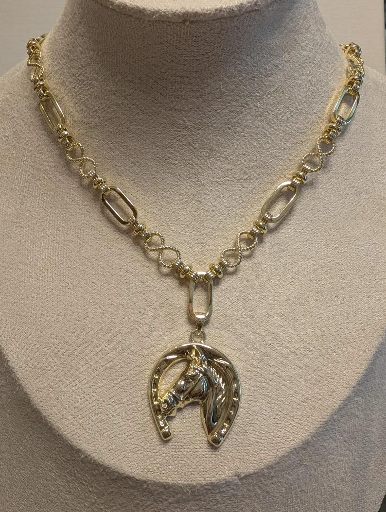 Gold Plated Brass Horse Horseshoe Pendant Necklace, Statement Equestrian Charm - Etsy | Etsy (Global)