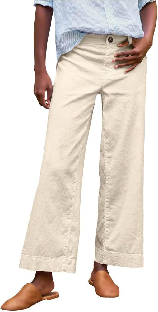 Wide Leg Linen Pants for Women Cropped Elastic High Waisted Dressy Pants Business Casual Comfy Wo... | Amazon (US)