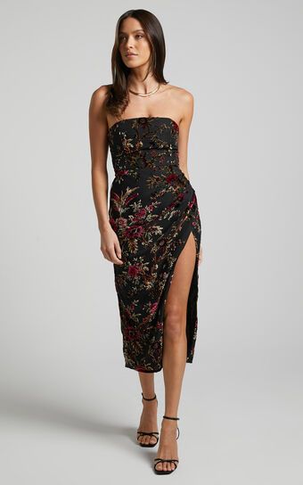 Jessell Midi Dress - High Split Strapless Dress in Black Floral | Showpo (US, UK & Europe)