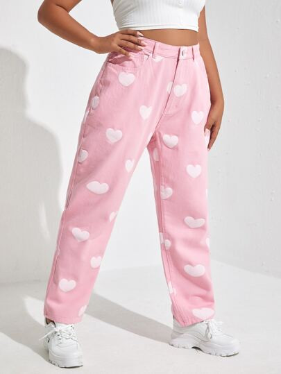 Plus Heart Print Straight Leg Jeans | SHEIN