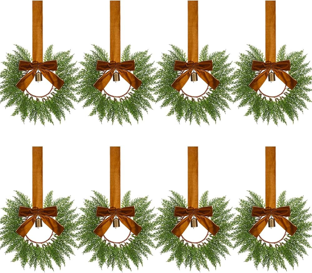 8 Pcs 9.8" Small Christmas Cabinets Wreaths Mini Wreaths for Kitchen Window Chair Backs with Ribb... | Amazon (US)
