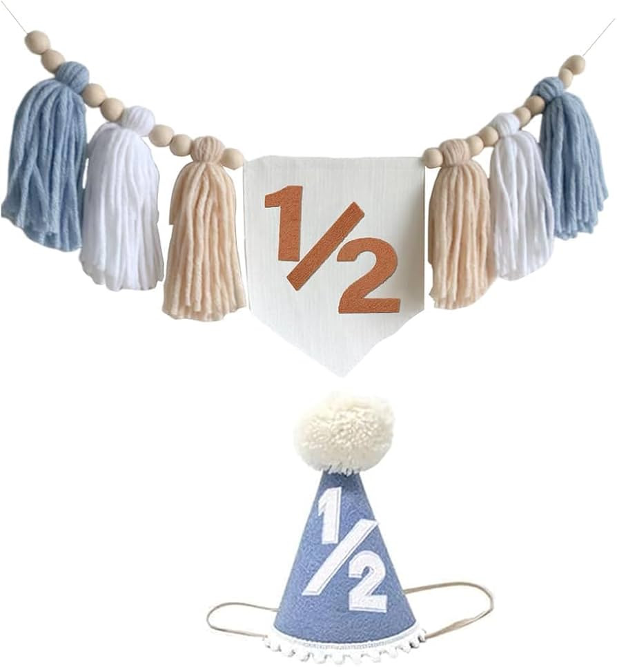 Half Birthday Decorations for Baby Boy Blue Handmade 1/2 High Chair Banner with Cone Hat for Half... | Amazon (US)