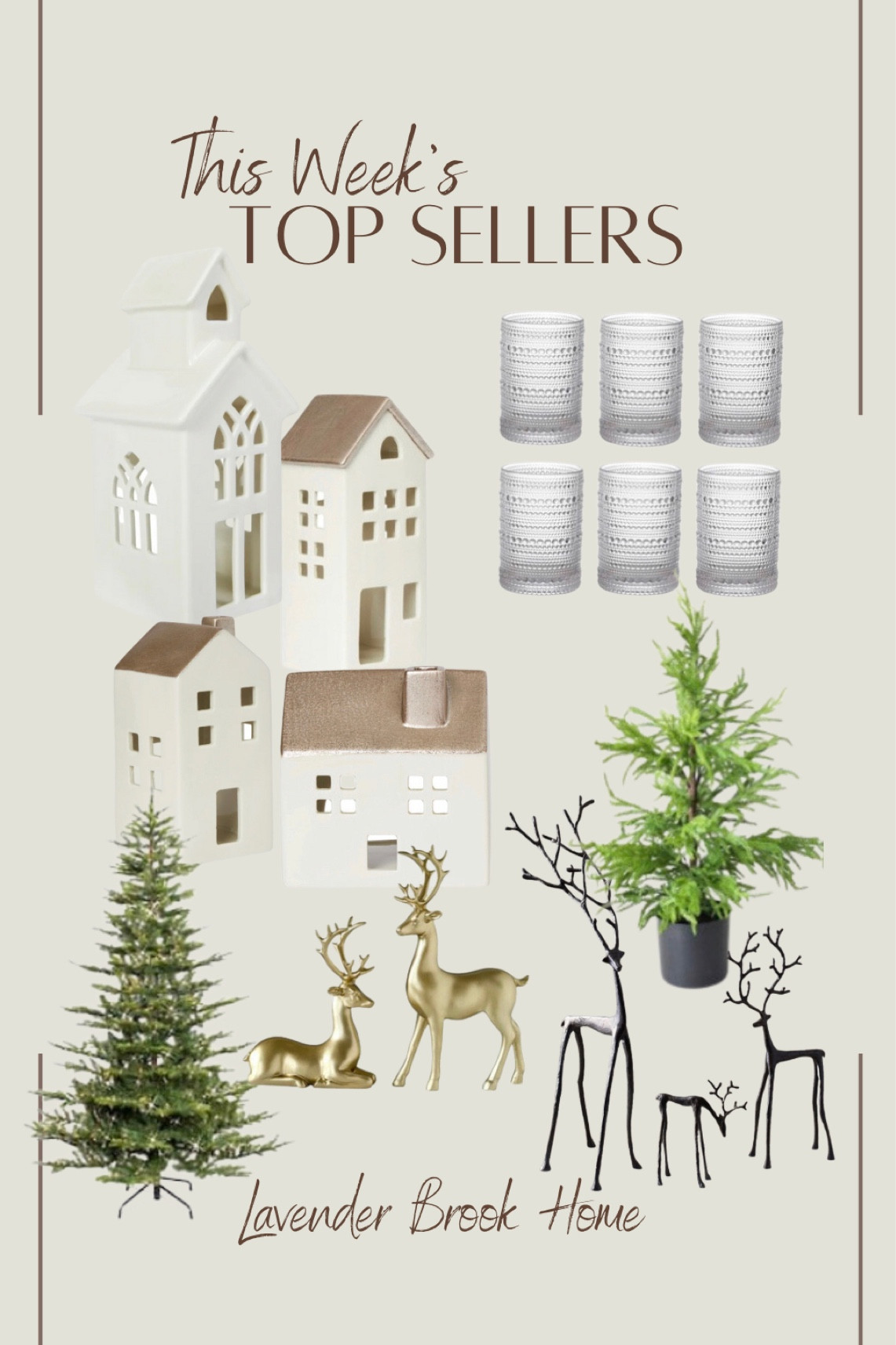 This week’s top sellers include these gorgeous and high quality viral hobnail drinking glasses, the real touch Norfolk pine tree (so realistic), the best selling Pottery Barn stags, my favorite alpine tree used in my master bedroom, the beautiful and simple village set from Walmart and gold deer. 

#LTKSeasonal #LTKHoliday #LTKHolidaySale