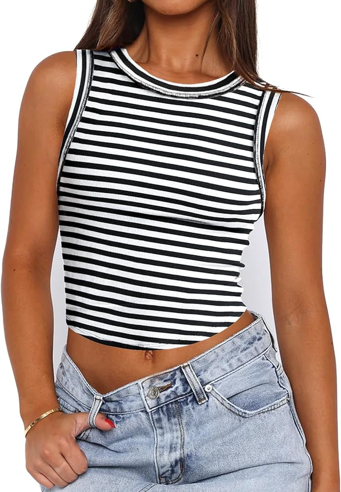 Zeagoo Women's High Neck Ribbed Tank Tops 2024 Summer Sleeveless Crop Tops Slim Fit Going Out Bas... | Amazon (US)