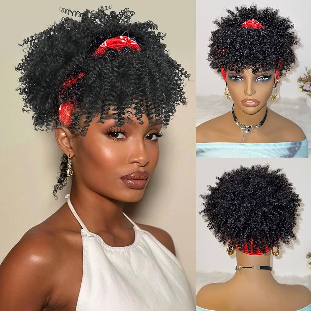 Black Afro Headband Wig Kinky Curly Headband Wig with Bangs Short Curly Headbands Wigs for Black ... | Amazon (US)