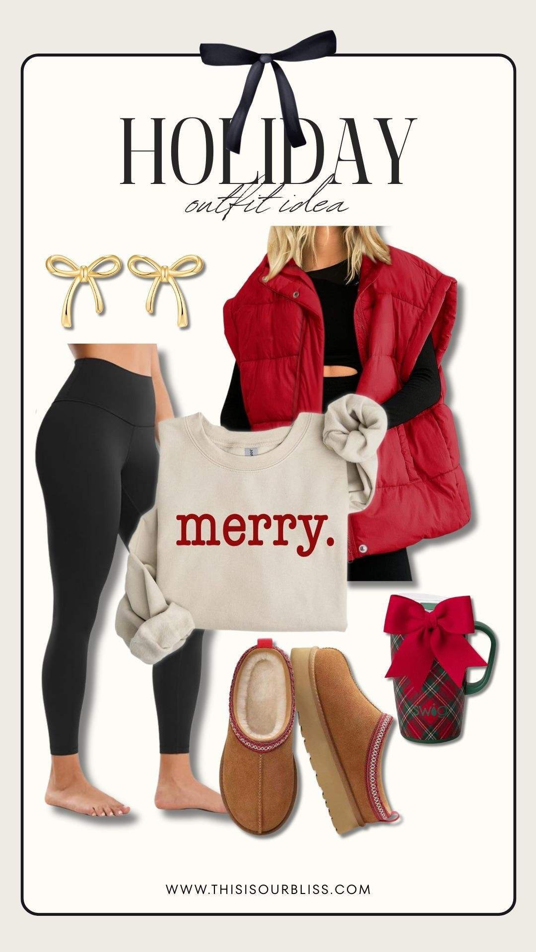 Casual Christmas outfit idea for this holiday season! Merry sweatshirt, black leggings, red puffer vest, ugg slippers, gold bow earrings and a festive plaid swig tumbler! 

#LTKGiftGuide #LTKSaleAlert #LTKHoliday