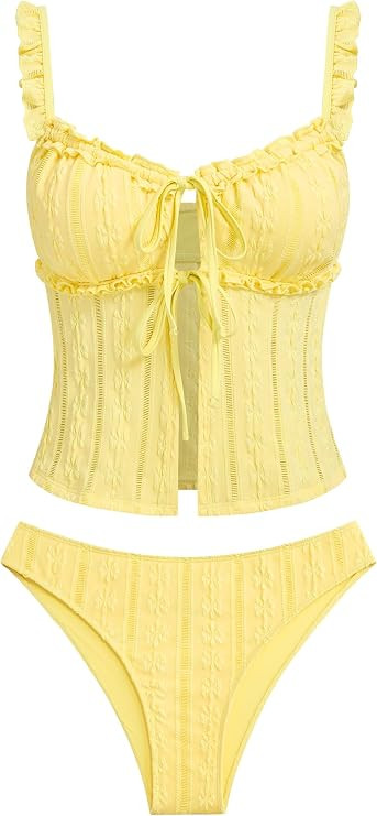 ZAFUL Women's Tie Front Bowknot Tankini Smocked Ruffles 2 Piece Swimsuit | Amazon (US)