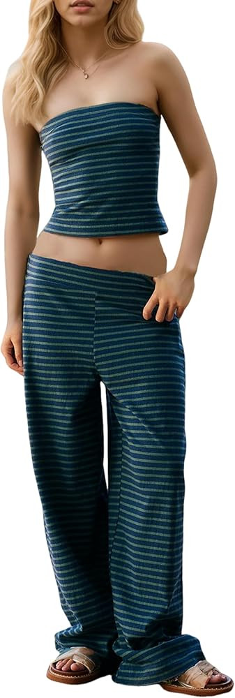 Womens 2 Piece Sets Cute Strapless Tube Tops Striped Wide Leg Pants Comfort Lounge Set | Amazon (US)