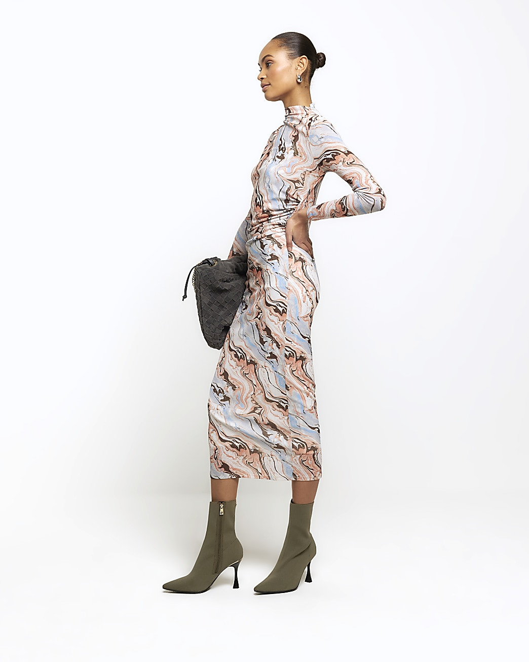 Beige mesh marble bodycon midi dress | River Island (UK & IE)