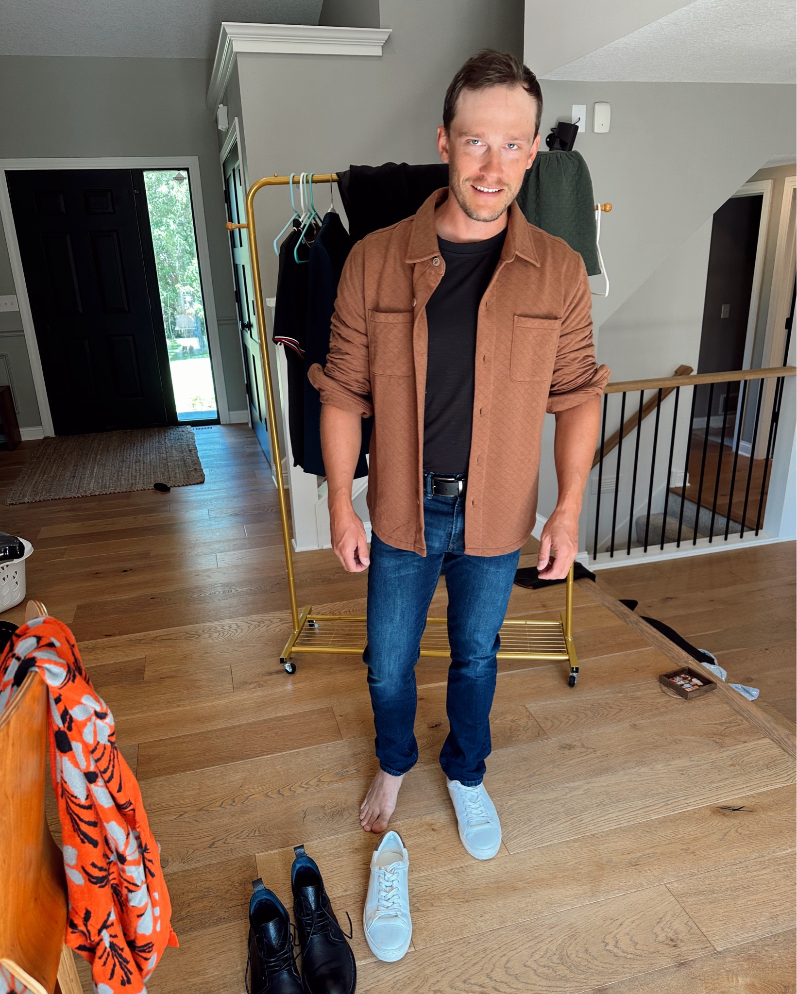 Black T - Jamie has in many colors. His go-to Gap jeans, and the top was on clearance (no longer in stock on line) so linked a similar (same brand and quilted). 