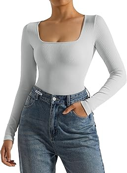 OMKAGI Cutout Body Suits for Womens Long Sleeve Ribbed Crew Neck Tops Bodysuits | Amazon (US)