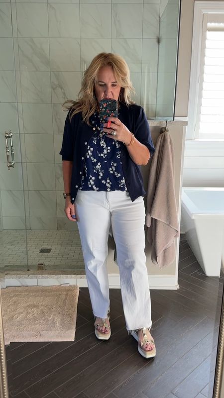 Navy and white always works. 
These are my favorite white jeans for just a neutral subtle silhouette. Wearing a 32, I usually size up in white. Linking several sources to find your size  
Top size large. 10% off with code NANETTE10
Cardigan I’m in an XL. I would just go your smaller size, a large. 

Summer outfit white jeans Walmart fashion 



#LTKMidsize #LTKFindsUnder100 #LTKOver40