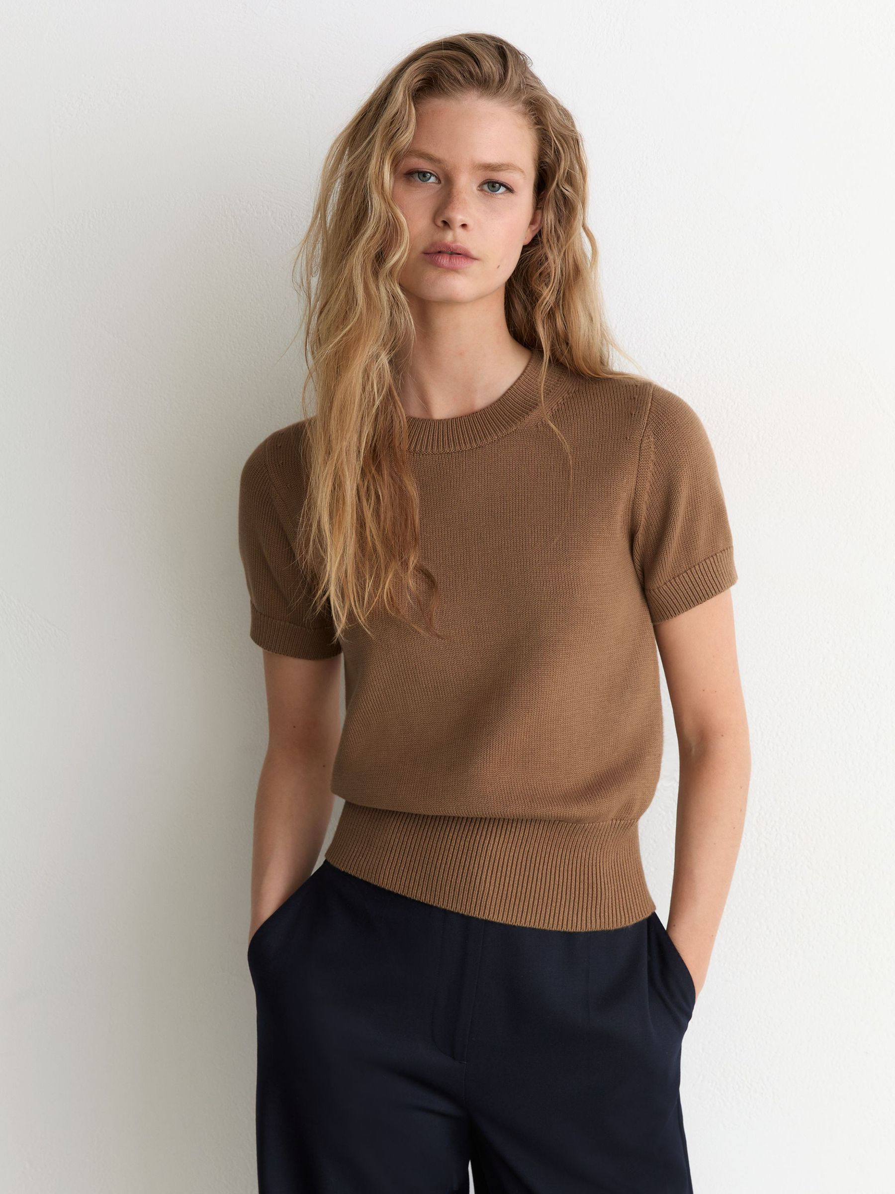 Reiss Cotton and Wool Short-Sleeve Knit Top in Camel - REISS | Reiss UK