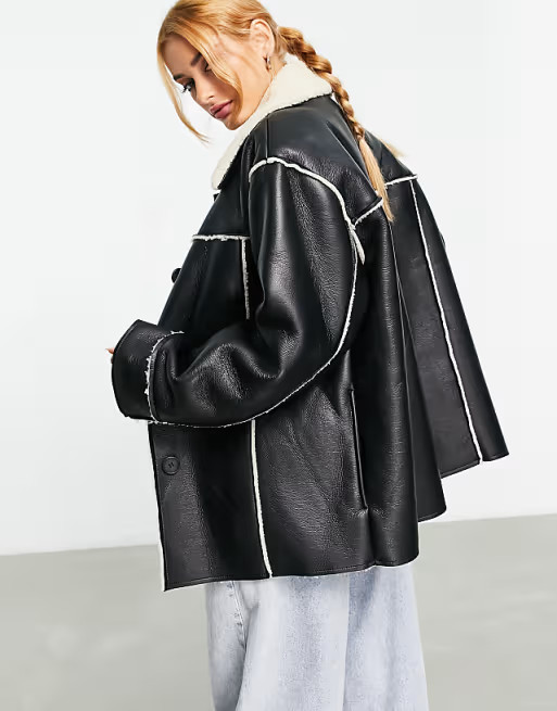 ASOS DESIGN faux leather bonded borg shacket in black | ASOS (Global)
