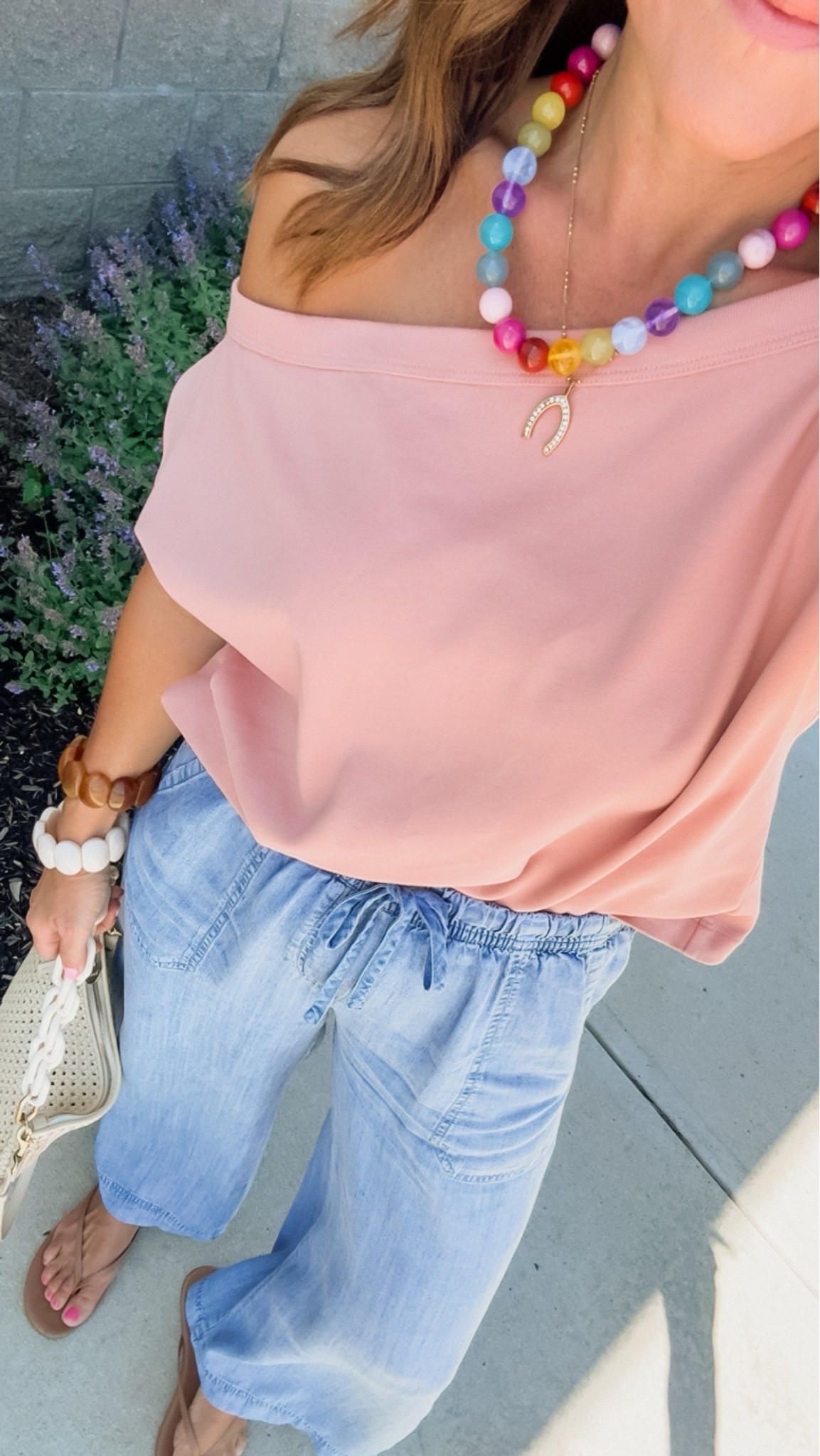 Relaxed but elevated ootd. Summer style. Mom style. 
Small tee / could’ve done XS too 
XS pants 
Wishbone charm & necklace - 20% off code: twopeas20

#LTKSeasonal #LTKOver40