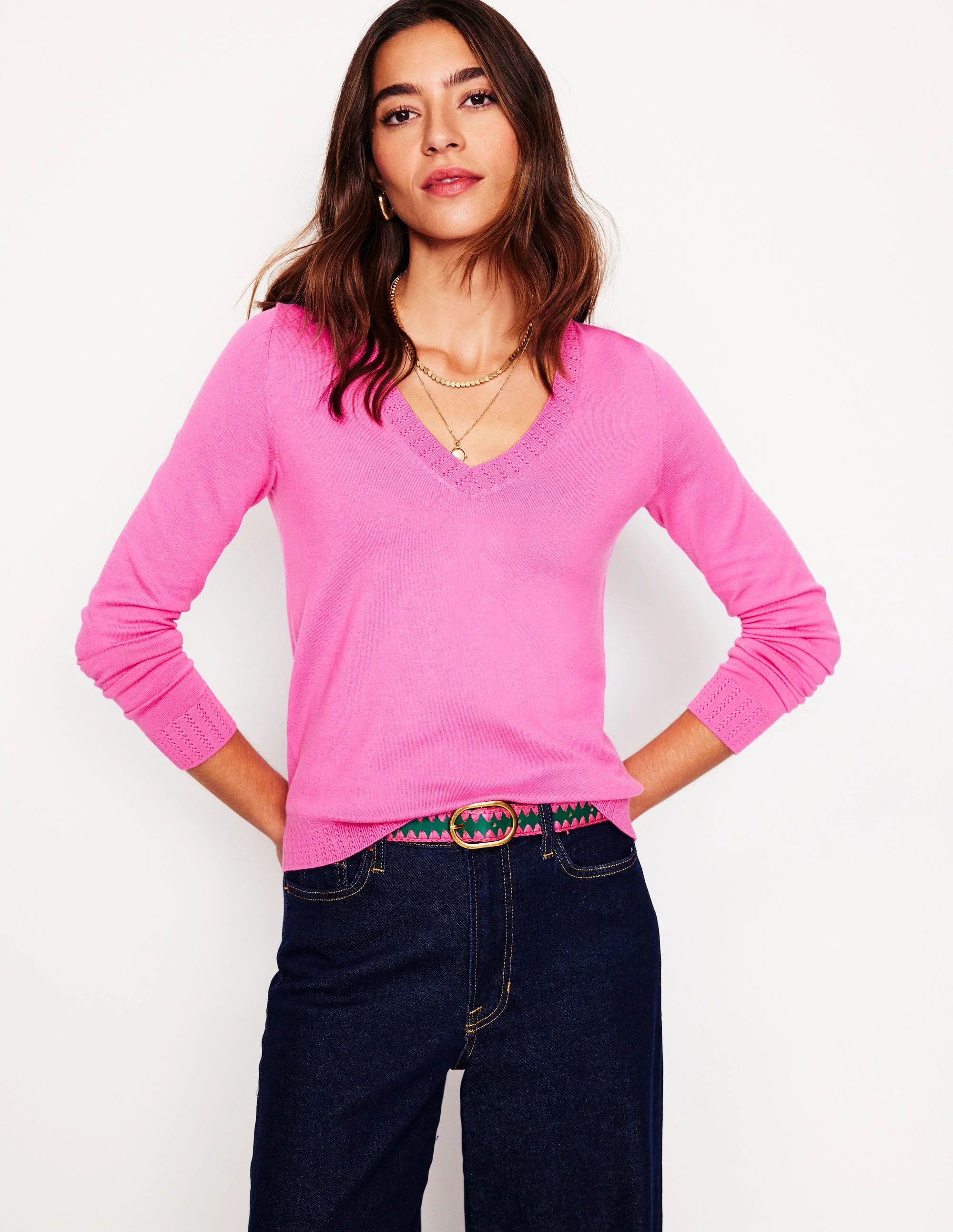 Emilia Cotton V-Neck Jumper-Tickled Pink Female Boden | Boden UK