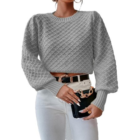 Casual Plain Round Neck Pullovers Long Sleeve Light Grey Women Sweaters (Women s) | Walmart (US)