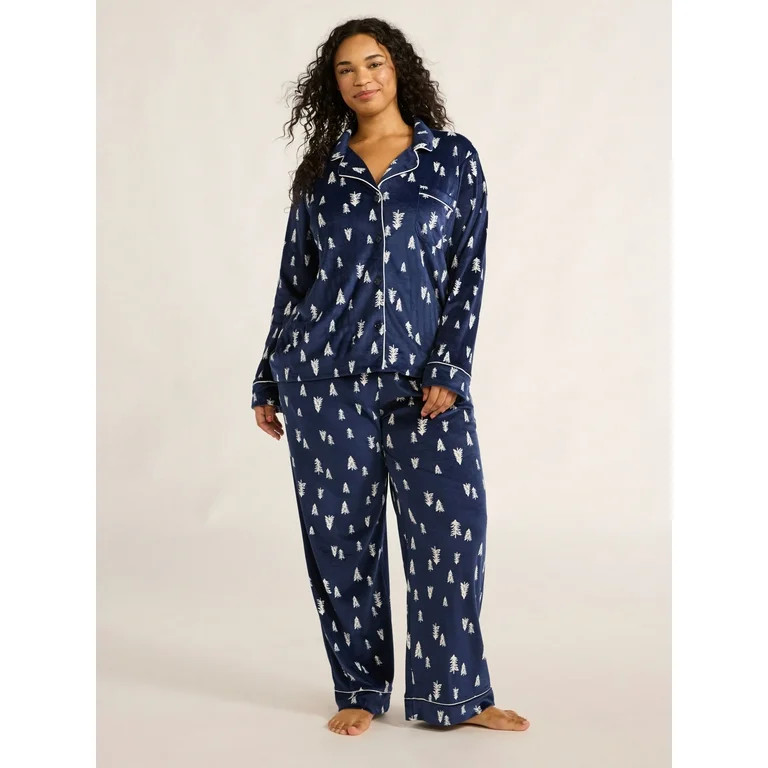 Joyspun Women's Velour Notch Collar Top and Pants Pajama Set, 2-Piece, Sizes S-3X | Walmart (US)