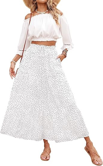 ZESICA Women's 2024 Bohemian Floral Printed Elastic Waist A Line Maxi Skirt with Pockets | Amazon (US)