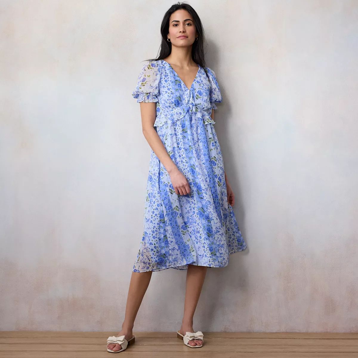 Women's LC Lauren Conrad Floral Print Pleated Empire Waist Chiffon V-Neck Midi Dress | Kohl's