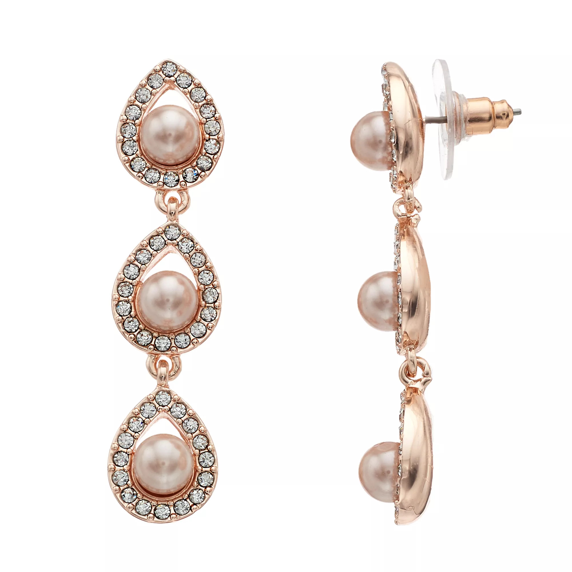 You're Invited Rose Gold Tone Crystal & Simulated Pearl Linear Drop Earrings | Kohl's