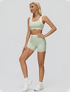 Women 2 Piece Workout Sets Padded Color Block Sports Bras High Waist Tummy Control Shorts Yoga Ou... | Amazon (US)