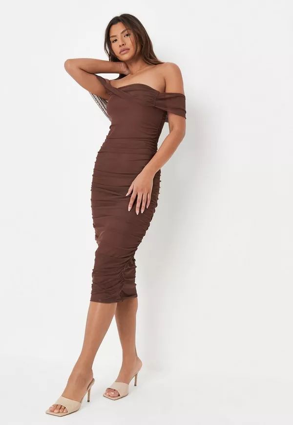 Missguided - Chocolate Bardot Ruched Mesh Midi Dress | Missguided (US & CA)