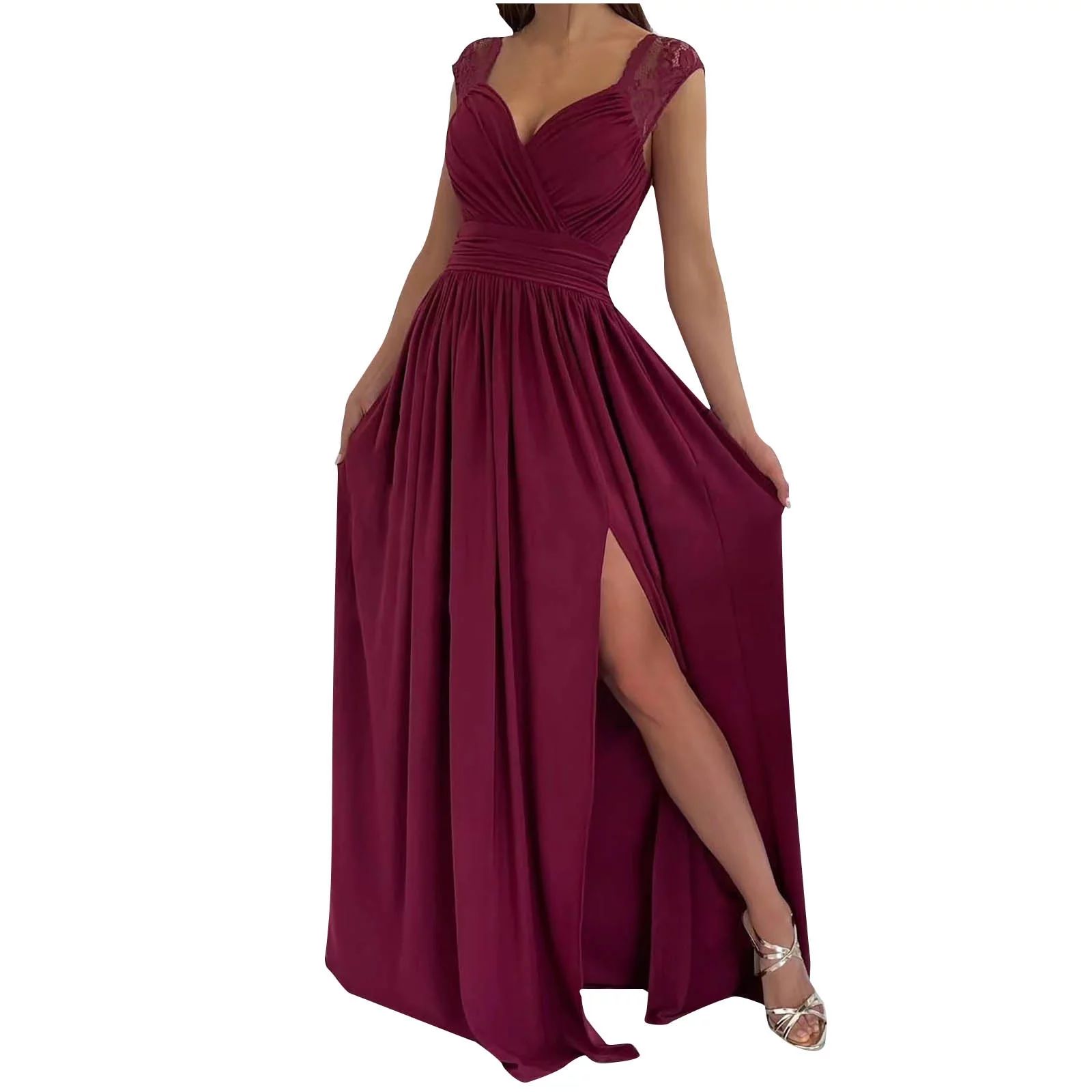 Lovskoo Womens Summer Dresses Maxi Dress Wedding Guest Dress Trendy Solid Sleeveless V-Nevk Side ... | Walmart (US)