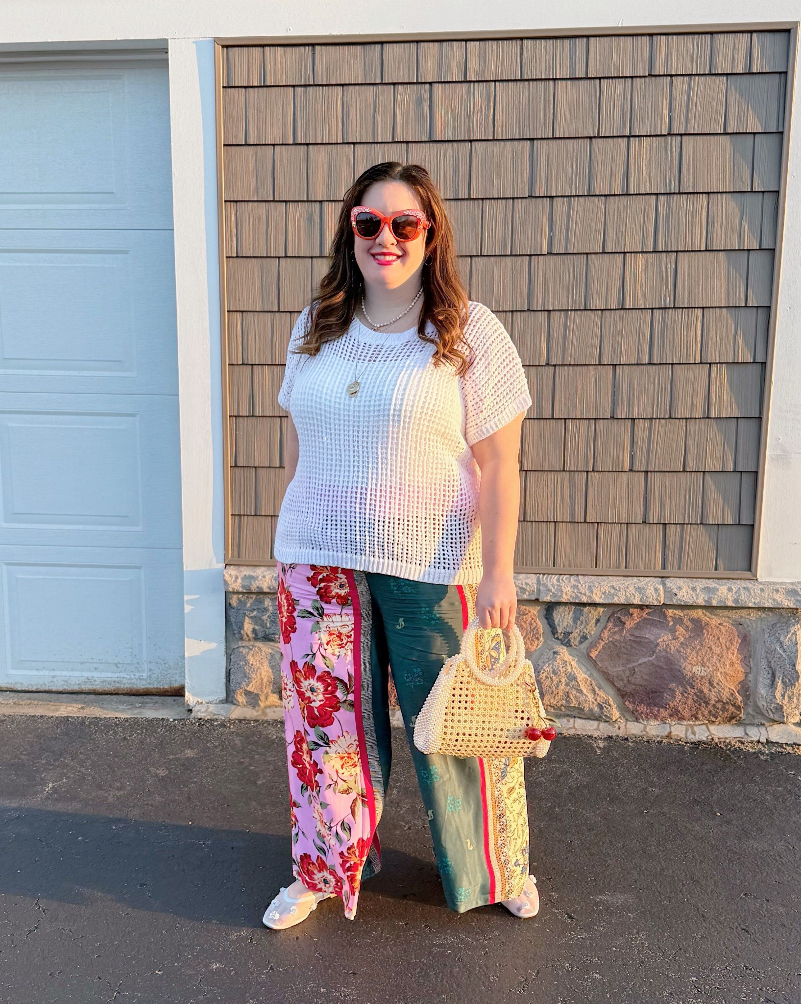 Mixed print silky palazzo pants, short sleeve open knit sweater, mesh ballet flats 

#LTKMidsize #LTKSeasonal #LTKStyleTip