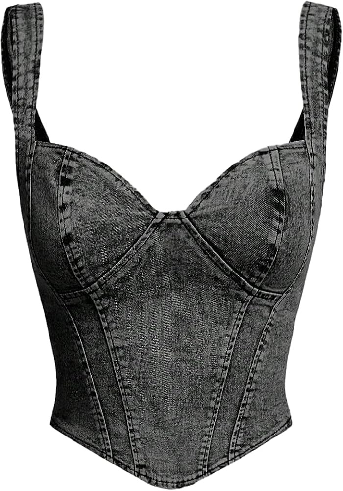 OYOANGLE Women's Denim Sleeveless Crop Tops V Neck Asymmetrical Hem Fitted Jean Corset Bustier St... | Amazon (US)