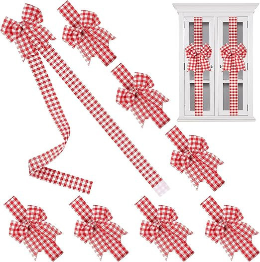 Haooryx 6Pcs Christmas Cabinet Ribbons Bows Door Decorations, Red and White Plaid Large Bows Brai... | Amazon (US)