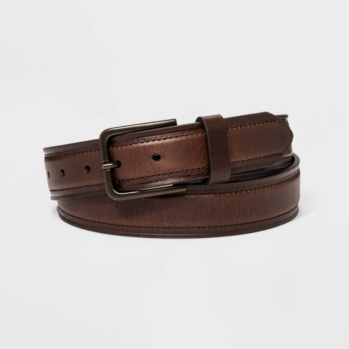 Men's Leather Strap with Heat Crease & Edge Stitch Belt - Goodfellow & Co™ Brown | Target