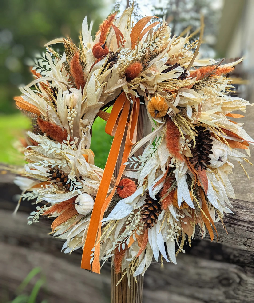 Corn Husk Wreath With Pampas Grass For Front Door; Neutral Boho Fall Pumpkin Pinecones Wreath, Au... | Etsy (US)
