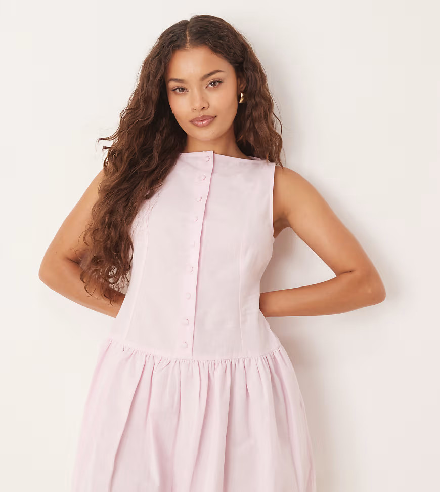 ASOS DESIGN Petite slash neck button down dropped waist mini dress in sugar pink | ASOS (Global)