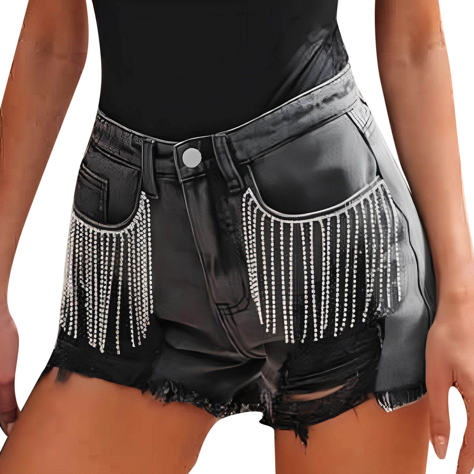 Womens Rhinestone Fringe Denim Shorts Mid Rise Ripped Hem Stretchy Jean Shorts Frayed Distressed ... | Walmart (US)