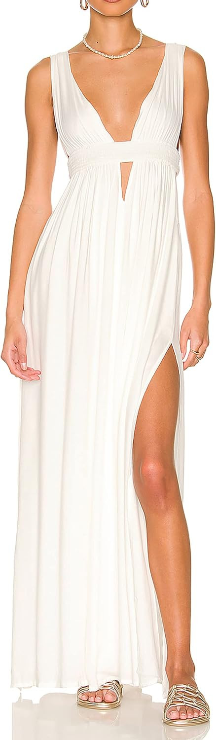 R.Vivimos Womens Boho Sexy Deep V Neck Side Slit Maxi Dress | Amazon (US)