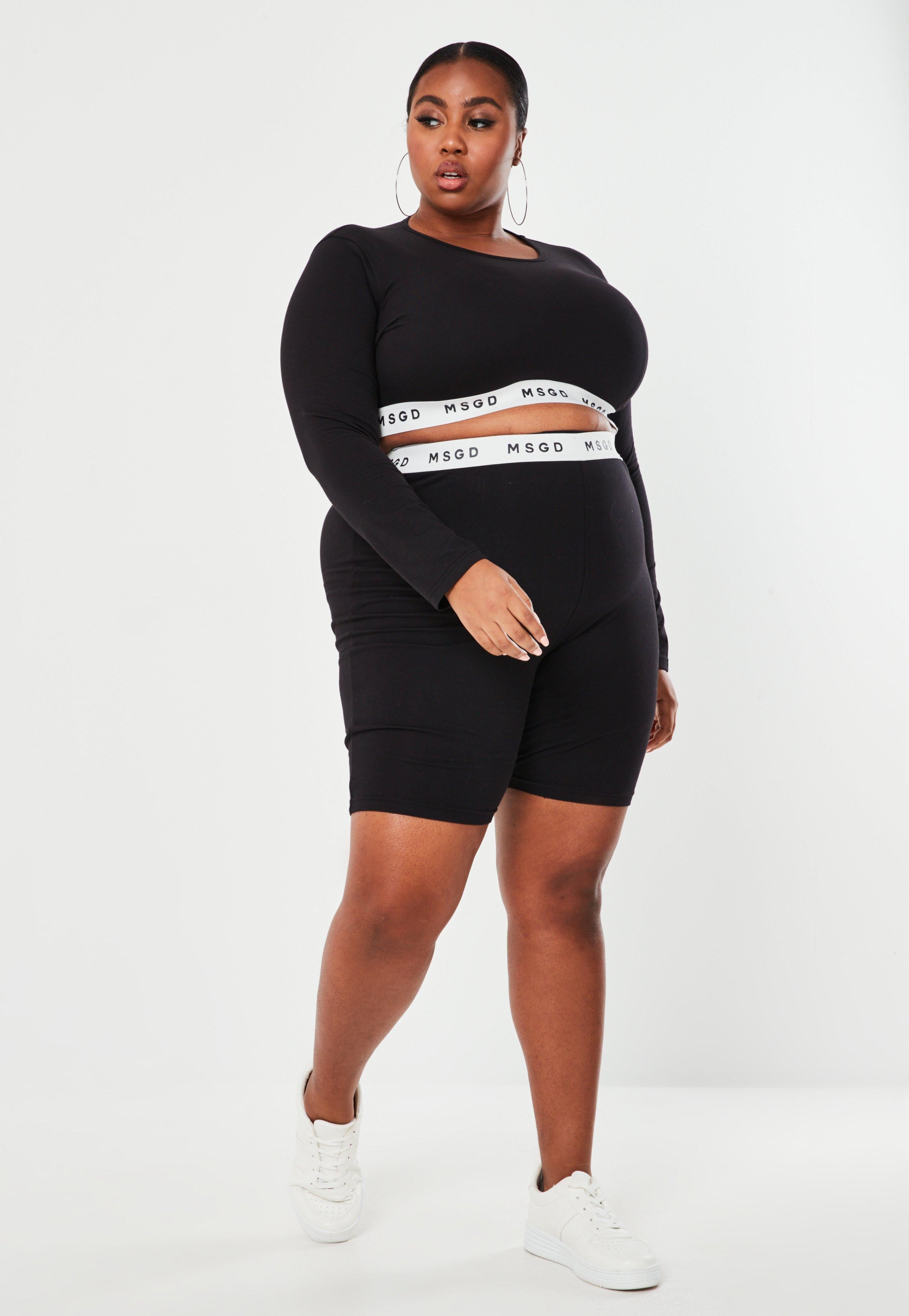 Plus Size Black MSGD Tape Long Sleeve Crop Top | Missguided (US & CA)