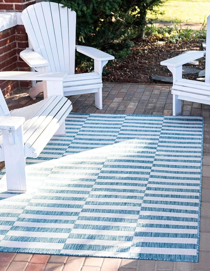 Unique Loom Outdoor Striped Collection Area Rug - Striped (6' 1" x 9' Rectangle, Light Aqua/Ivory... | Amazon (US)