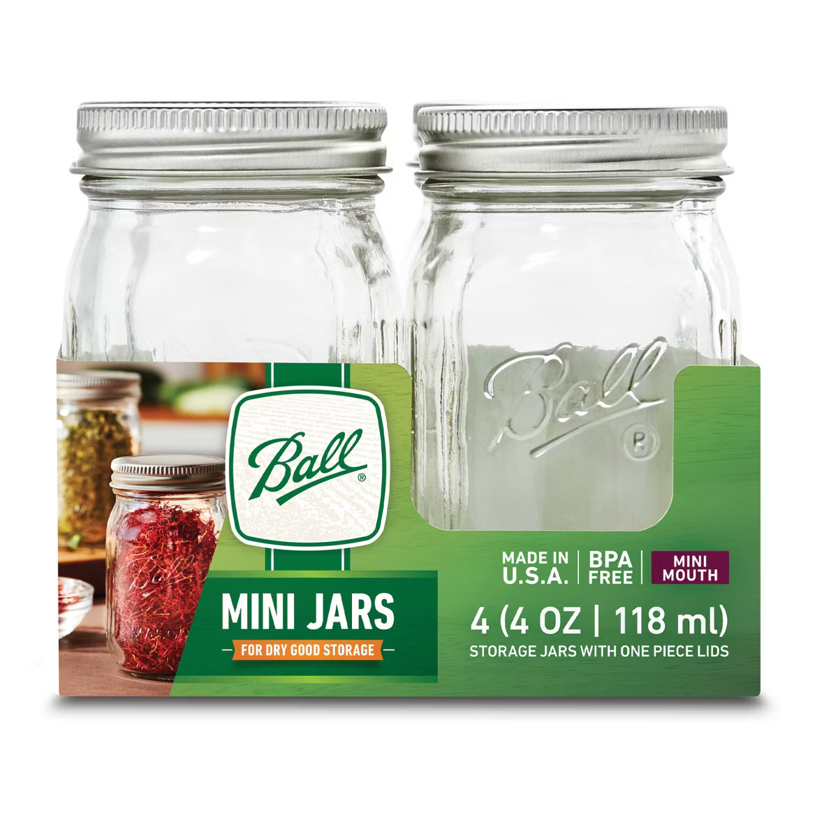 Ball 4oz 4pk Glass Mini Mason Jar with Lid: Spice Storage, Clear Food Container Set, Dishwasher-S... | Target